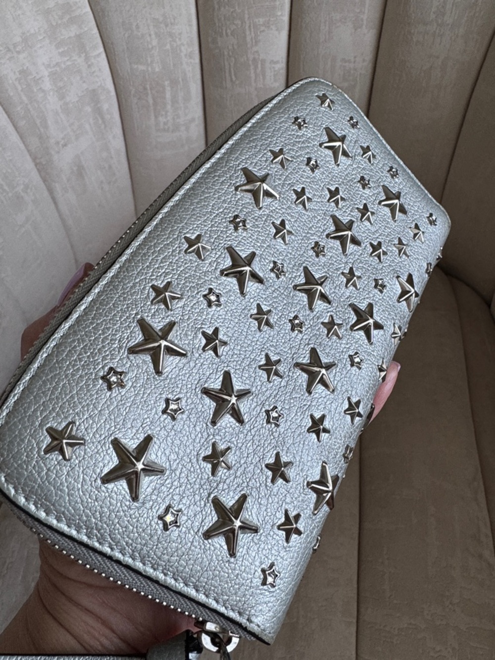 Jimmy Choo Metallic Silver Star-Studded Zip Wallet